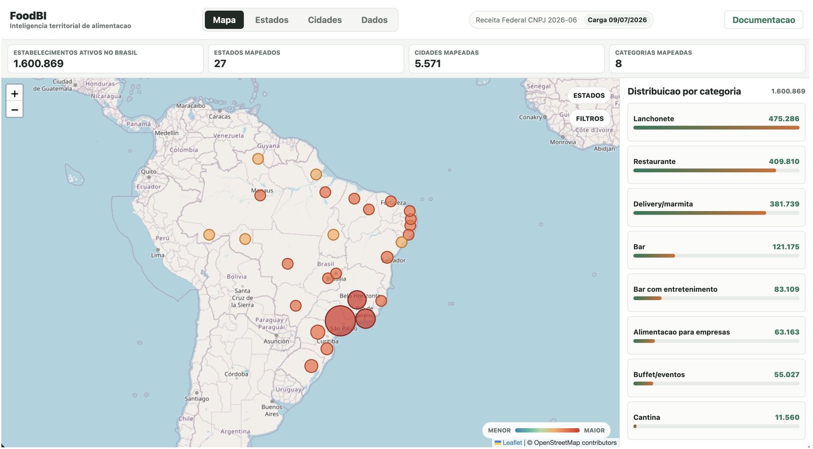 Print do dashboard FoodBI com mapa, indicadores e distribuição por categoria